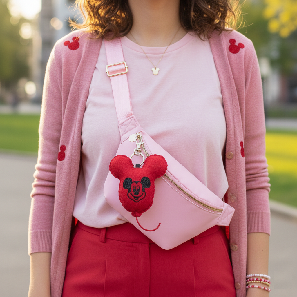 Detail of red balloon mouse themed keychain