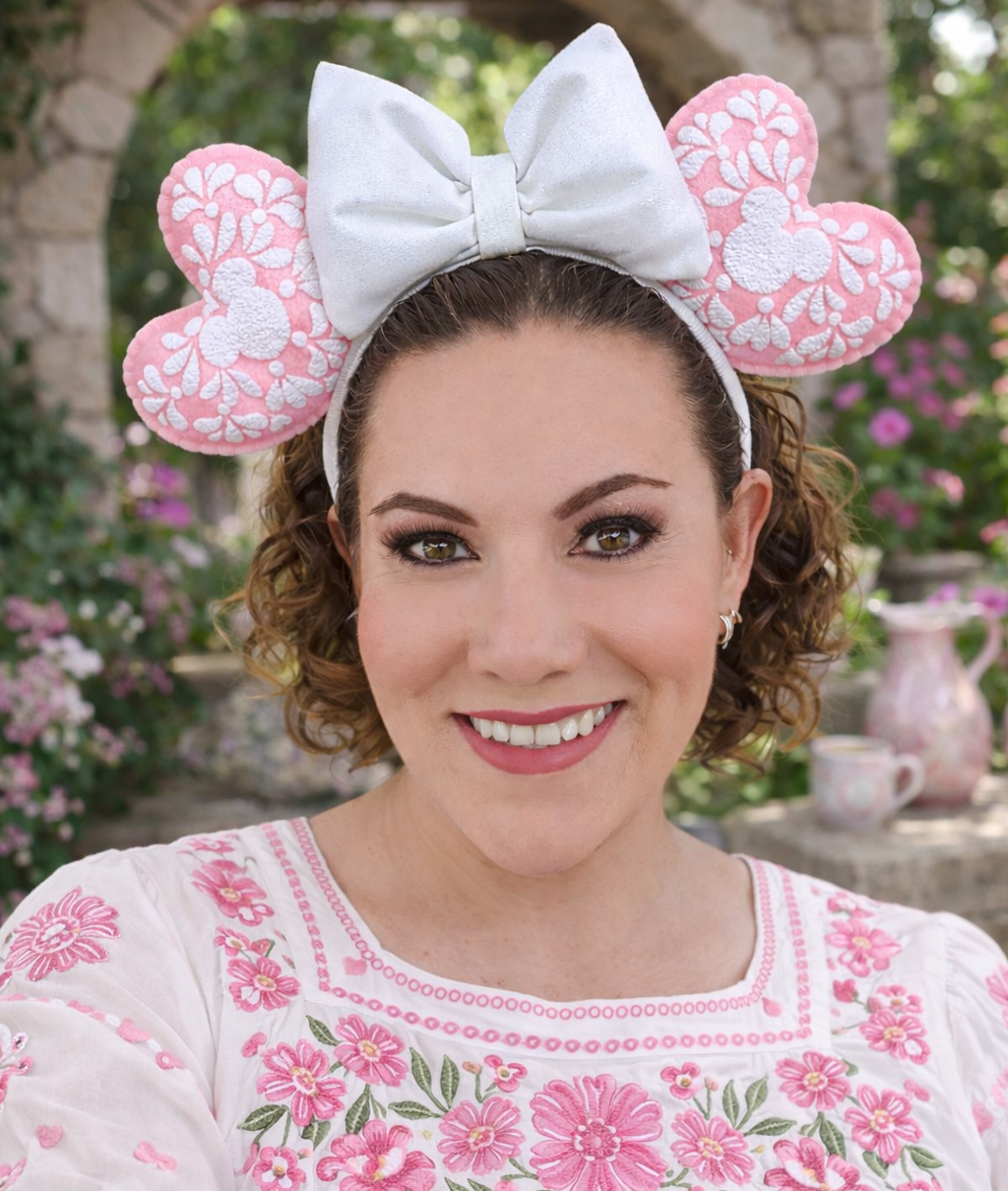 Detail of pink heart Talavera pattern themed ears
