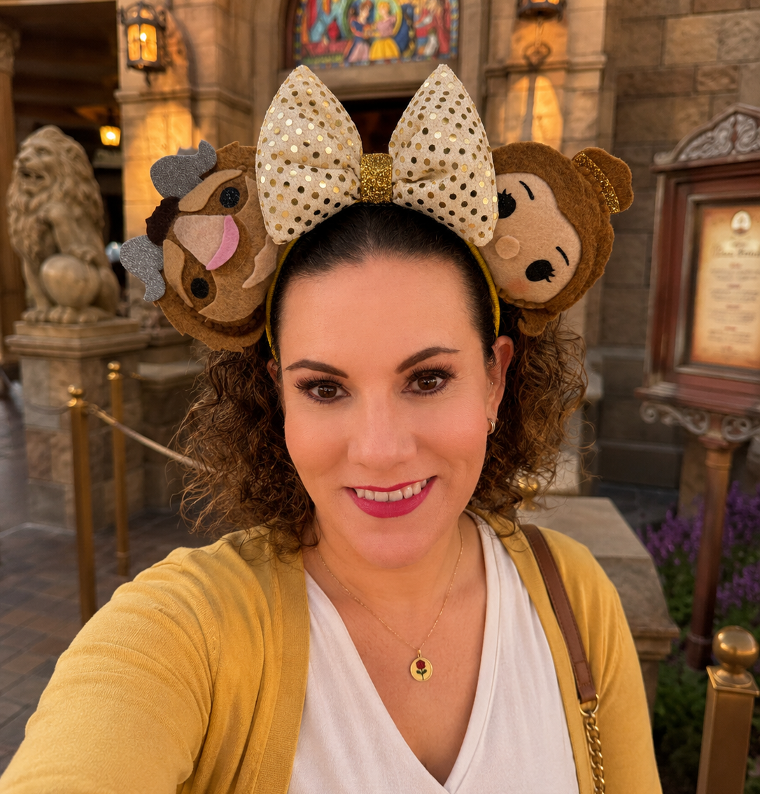 Detail of Beauty and the Beast Belle themed ears for theme parks