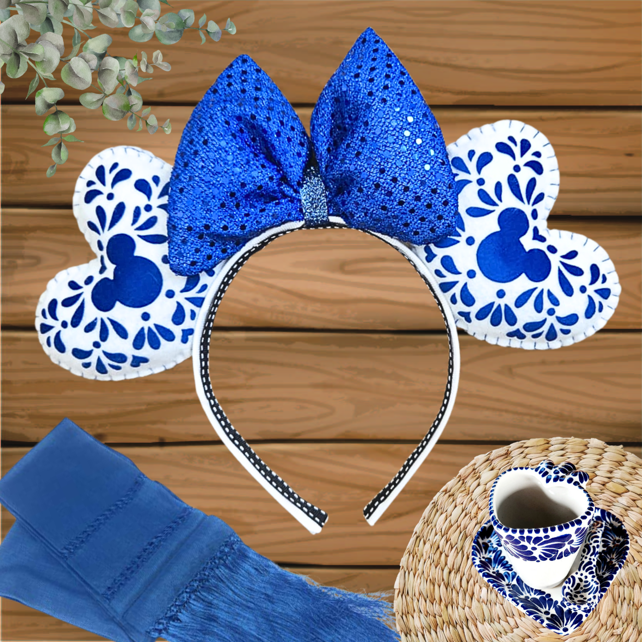 Handmade Blue Heart Talavera magic ears with traditional Mexican pottery design - Janine Magic Creations