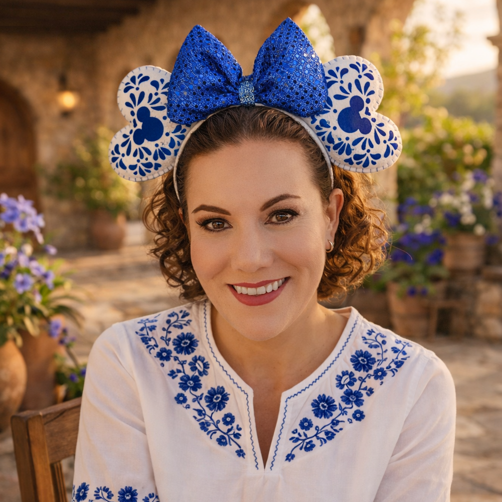 Detail of blue heart Talavera pattern themed ears