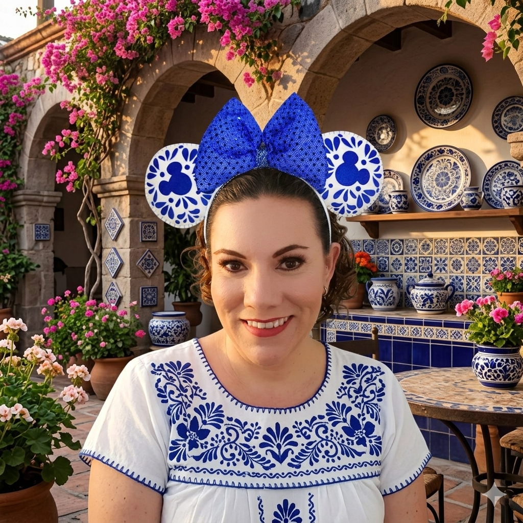 Detail of blue Talavera pattern themed ears
