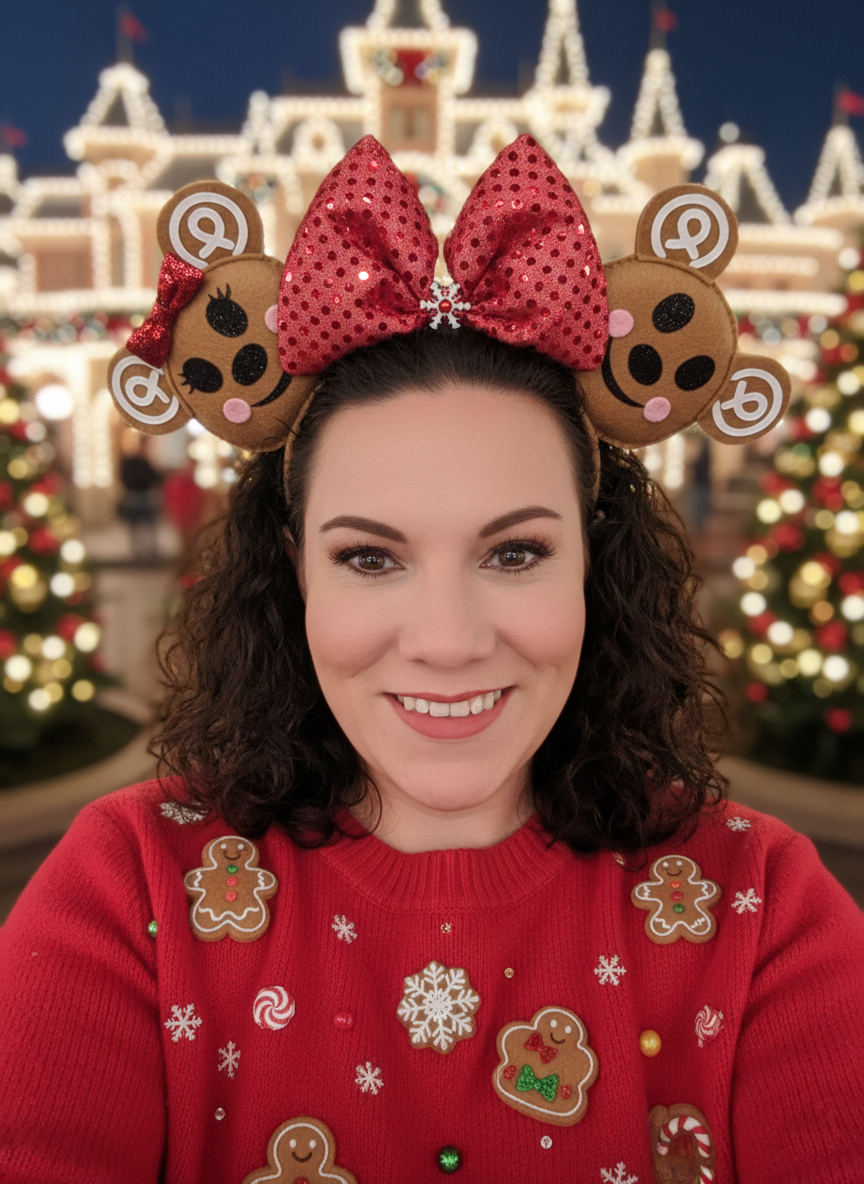 Detail of brown Gingerbread mouse themed ears