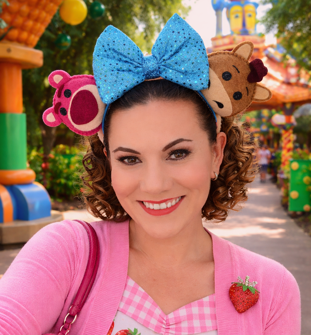 Detail of Toy Story Lotso themed ears for theme parks