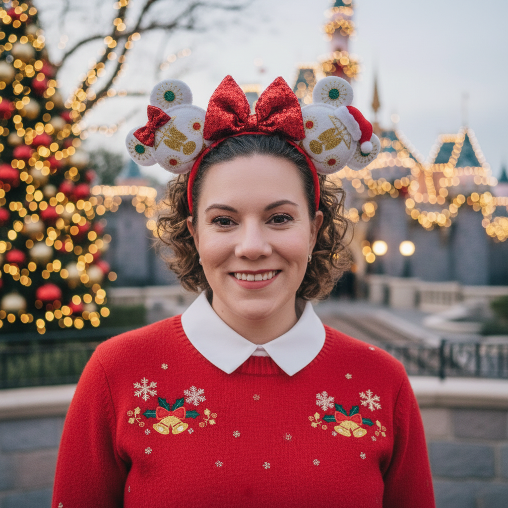 Detail of It's a Small World Christmas themed ears