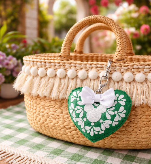 Green Talavera handmade felt keychain inspired by Mexican folk art, by Janine Magic Creations