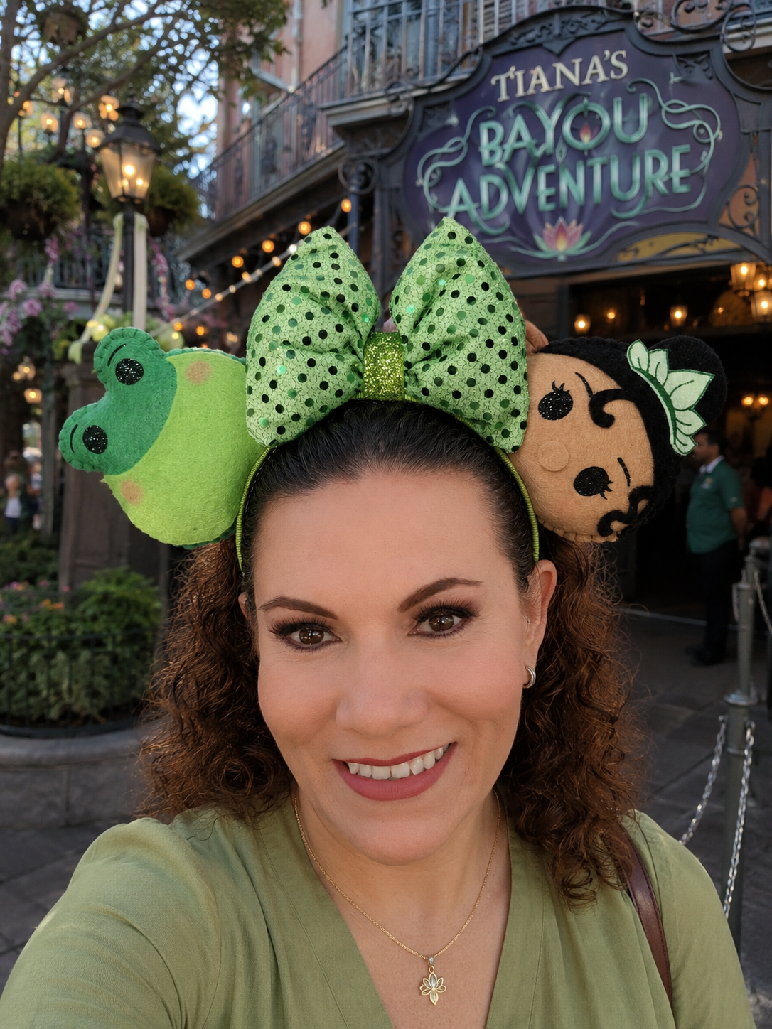 Detail of Tiana-themed ears for theme parks